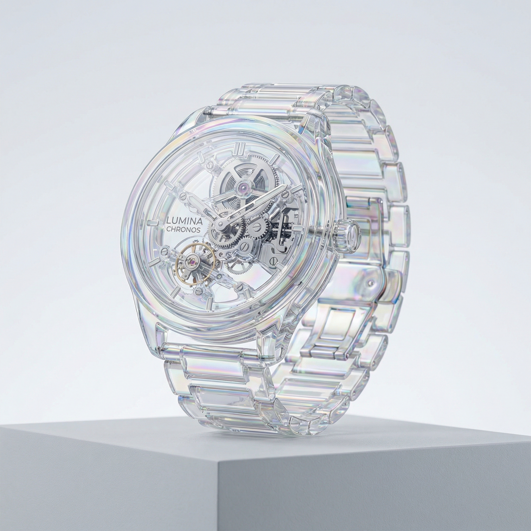 AI-generated transparent tech product: iridescent glass shell revealing precision internal components, cold-tone studio lighting, engineering aesthetic style